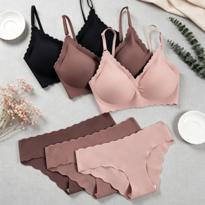 Women's 6 Piece Scalloped Seamless No Show Bra and Panty Lingerie Sets