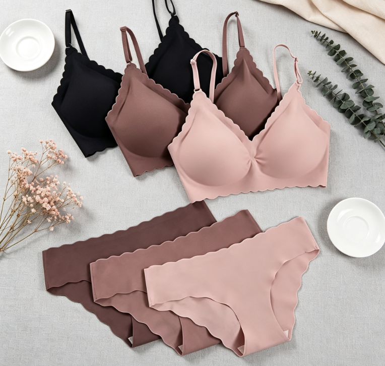 Women's 6 Piece Scalloped Seamless No Show Bra and Panty Lingerie Sets