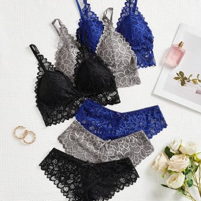 Women's 6 Piece Bow Floral Lace Lingerie Wireless Padded Bra and Panty Set