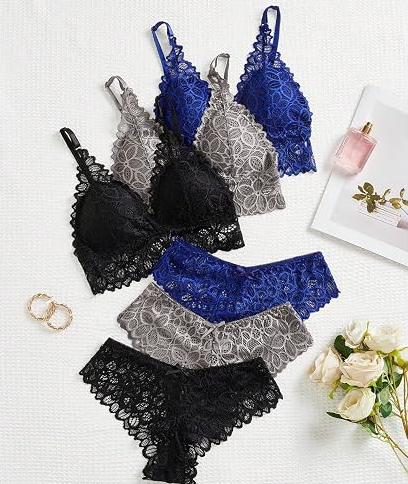 Women's 6 Piece Bow Floral Lace Lingerie Wireless Padded Bra and Panty Set