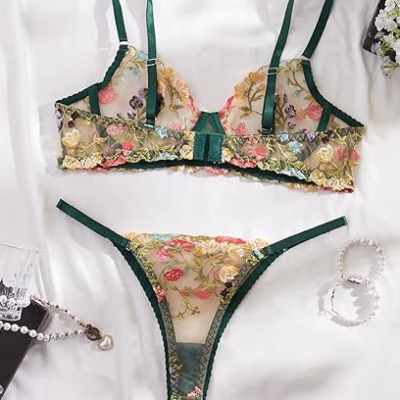 Sexy Floral Embroidered Flower Mesh Underwire Push Up Lingerie Set