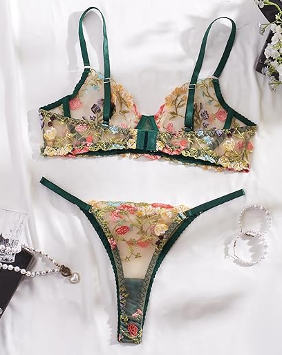 Sexy Floral Embroidered Flower Mesh Underwire Push Up Lingerie Set