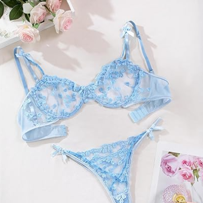 Sexy Underwire Cute Push Up Strappy Embroidered Mesh Sheer Lingerie Set See Through Panty Bra