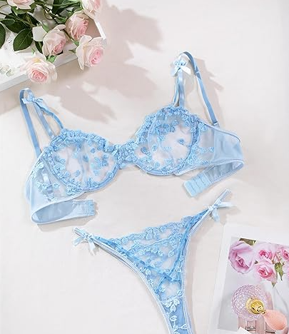Sexy Underwire Cute Push Up Strappy Embroidered Mesh Sheer Lingerie Set See Through Panty Bra